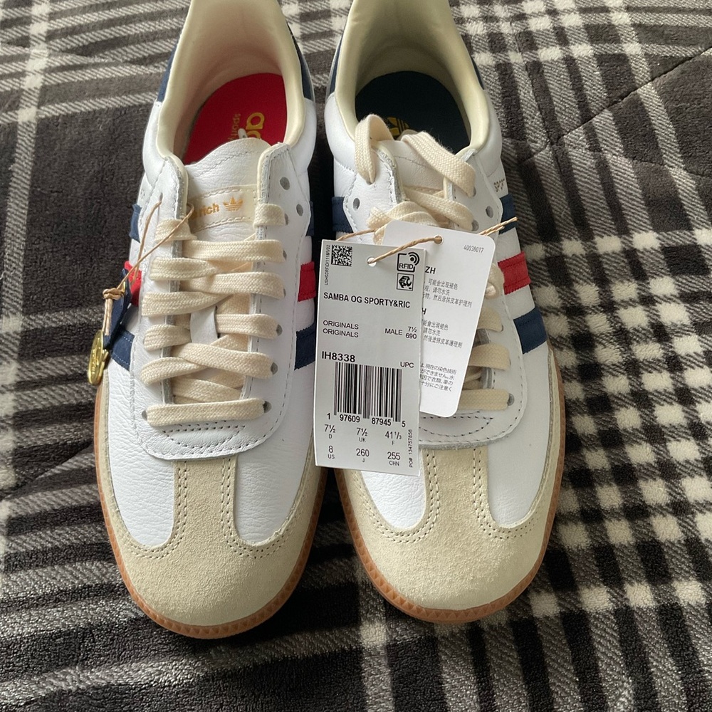 Sporty and Ritch Adidas Samba OG White and Blue with Red Stripes